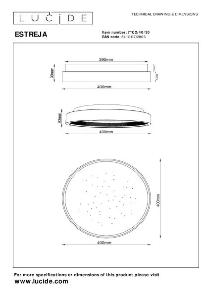 Lucide ESTREJA - Plafonnière - Ø 40 cm - LED Dimb. - CCT - 2500K/3000K - Zwart - technisch